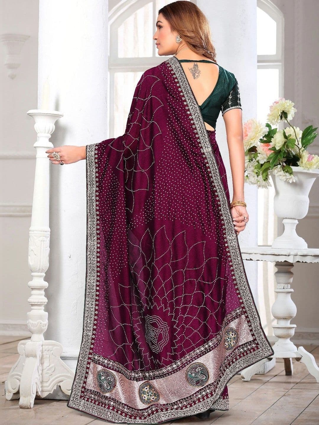 SmileyFashion Bandhani Embroidered Art Silk Designer Saree thumbnail 4