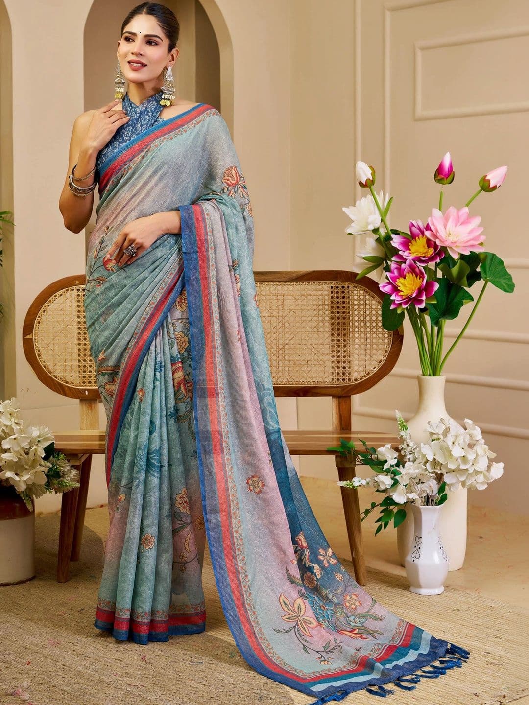 HERE&NOW Floral Silk Cotton Fusion Saree - view 1