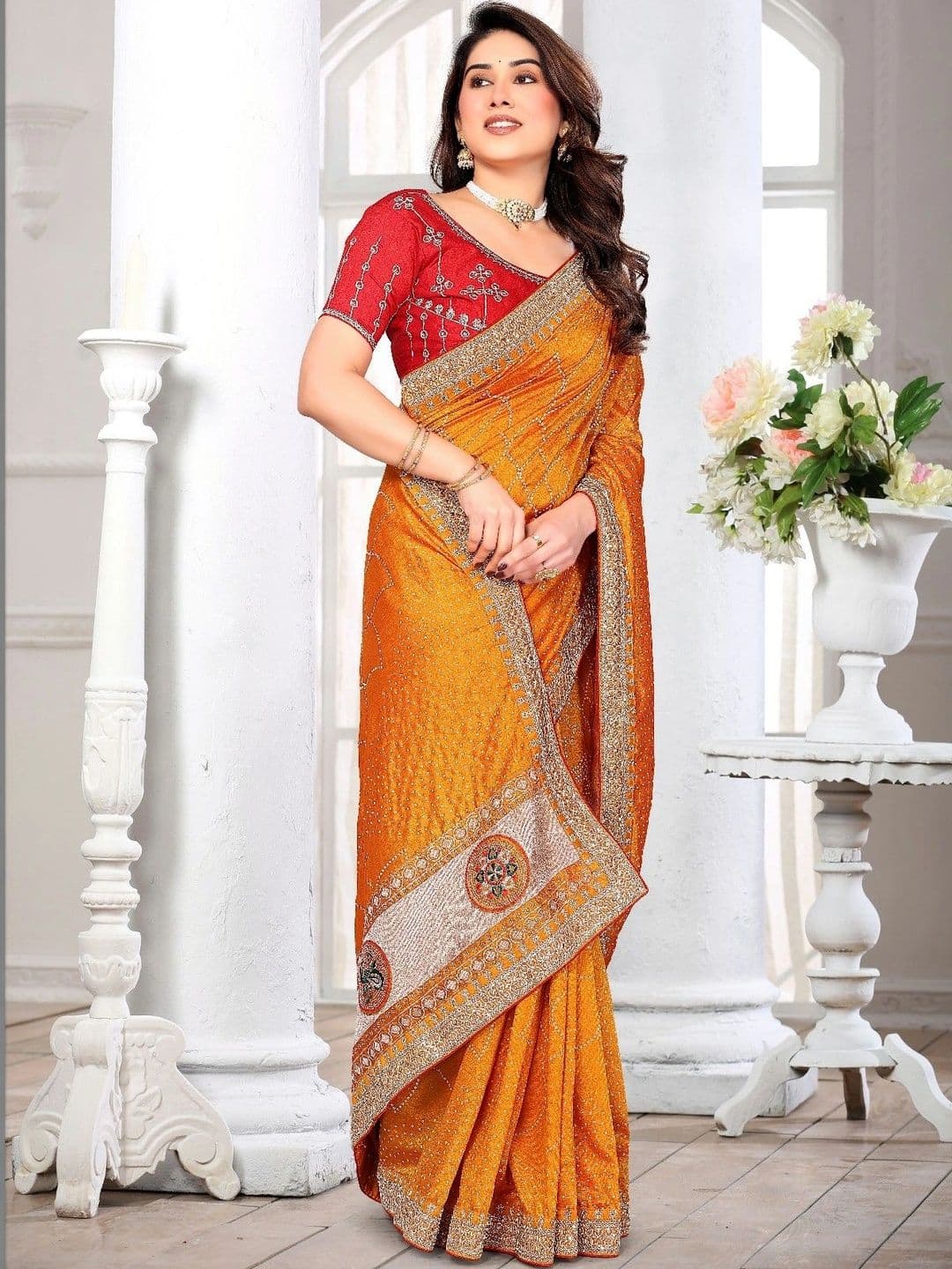 SmileyFashion Bandhani Embroidered Art Silk Designer Saree thumbnail 3