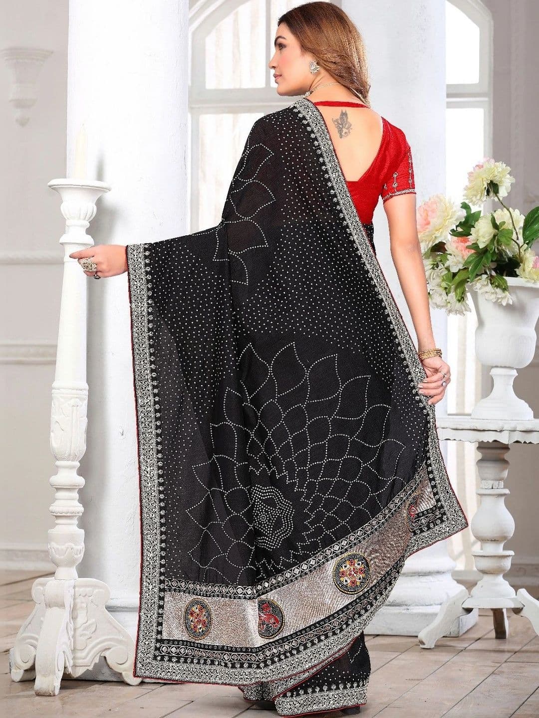 SmileyFashion Bandhani Embroidered Art Silk Designer Saree thumbnail 2