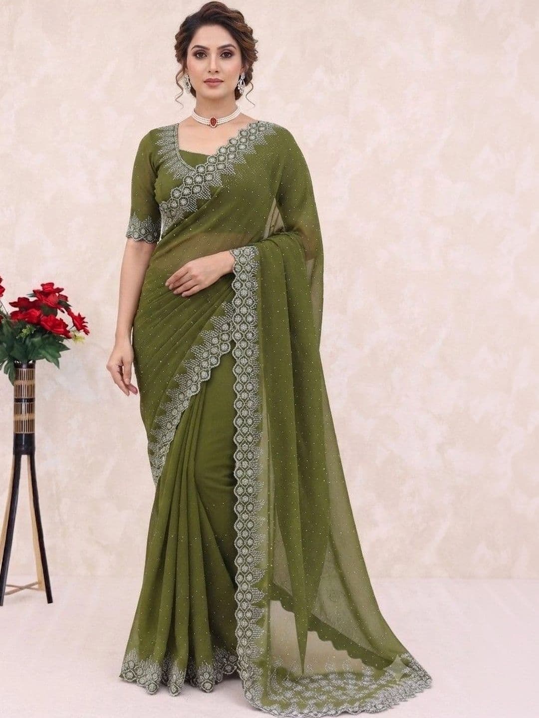 SmileyFashion Embellished Pure Georgette Saree - view 1