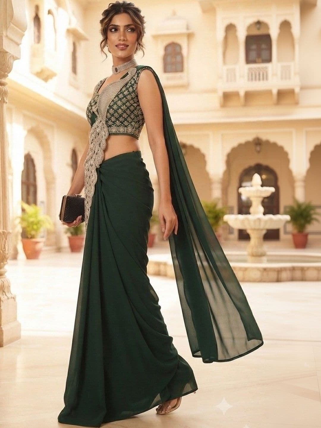 SmileyFashion Embellished Embroidered Pure Georgette Designer Saree thumbnail 2