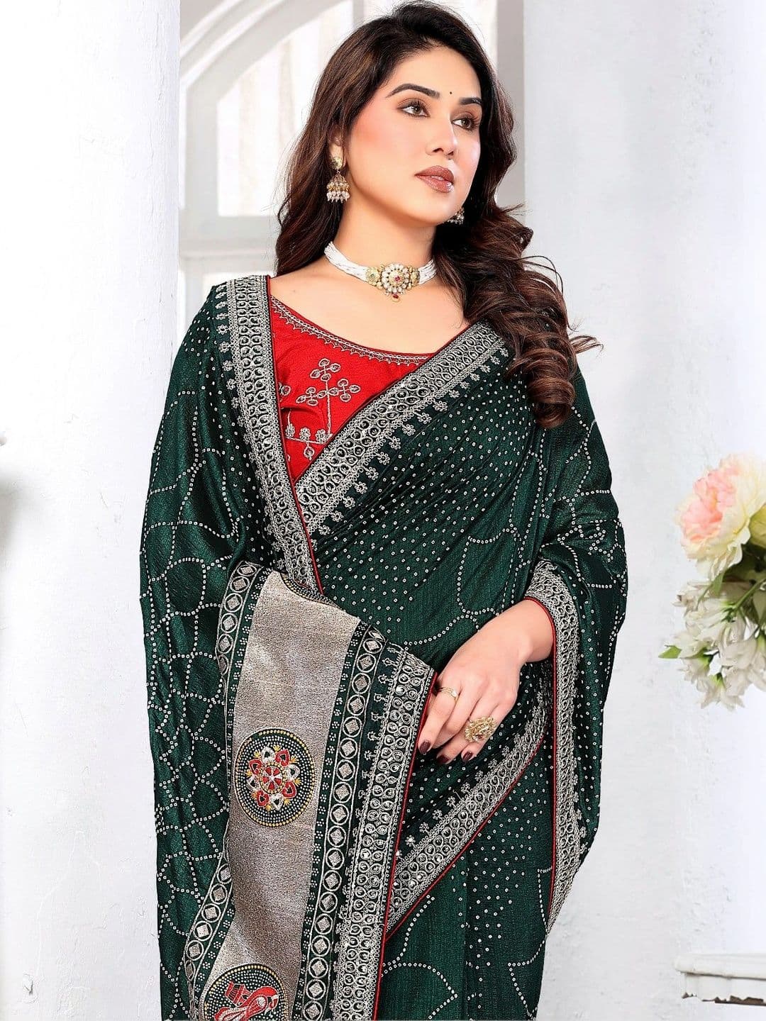 SmileyFashion Embellished Embroidered Art Silk Designer Saree thumbnail 3