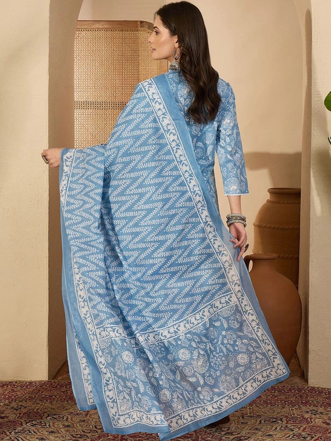 Janasya Women's Light Blue Pure Cotton Floral Printed Straight Kurta Set thumbnail 4