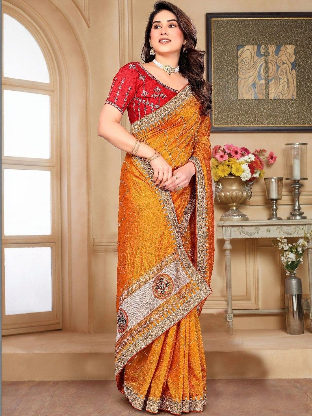SmileyFashion Bandhani Embroidered Art Silk Designer Saree thumbnail 2
