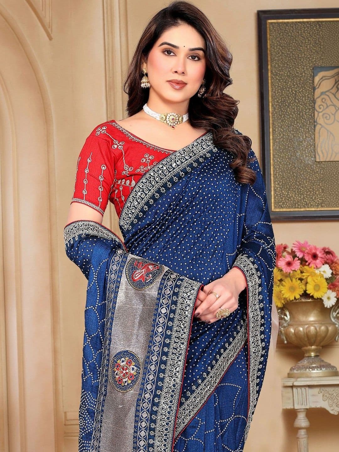 SmileyFashion Embellished Embroidered Art Silk Designer Saree thumbnail 5