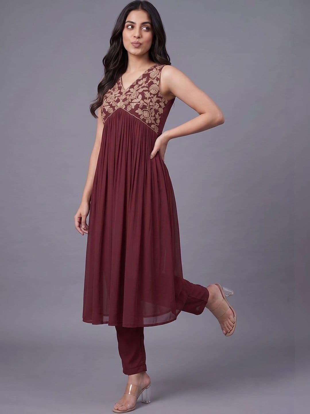 Navibhu Women Ethnic Motifs Embroidered Empire Thread Work Kurta with Trousers thumbnail 2