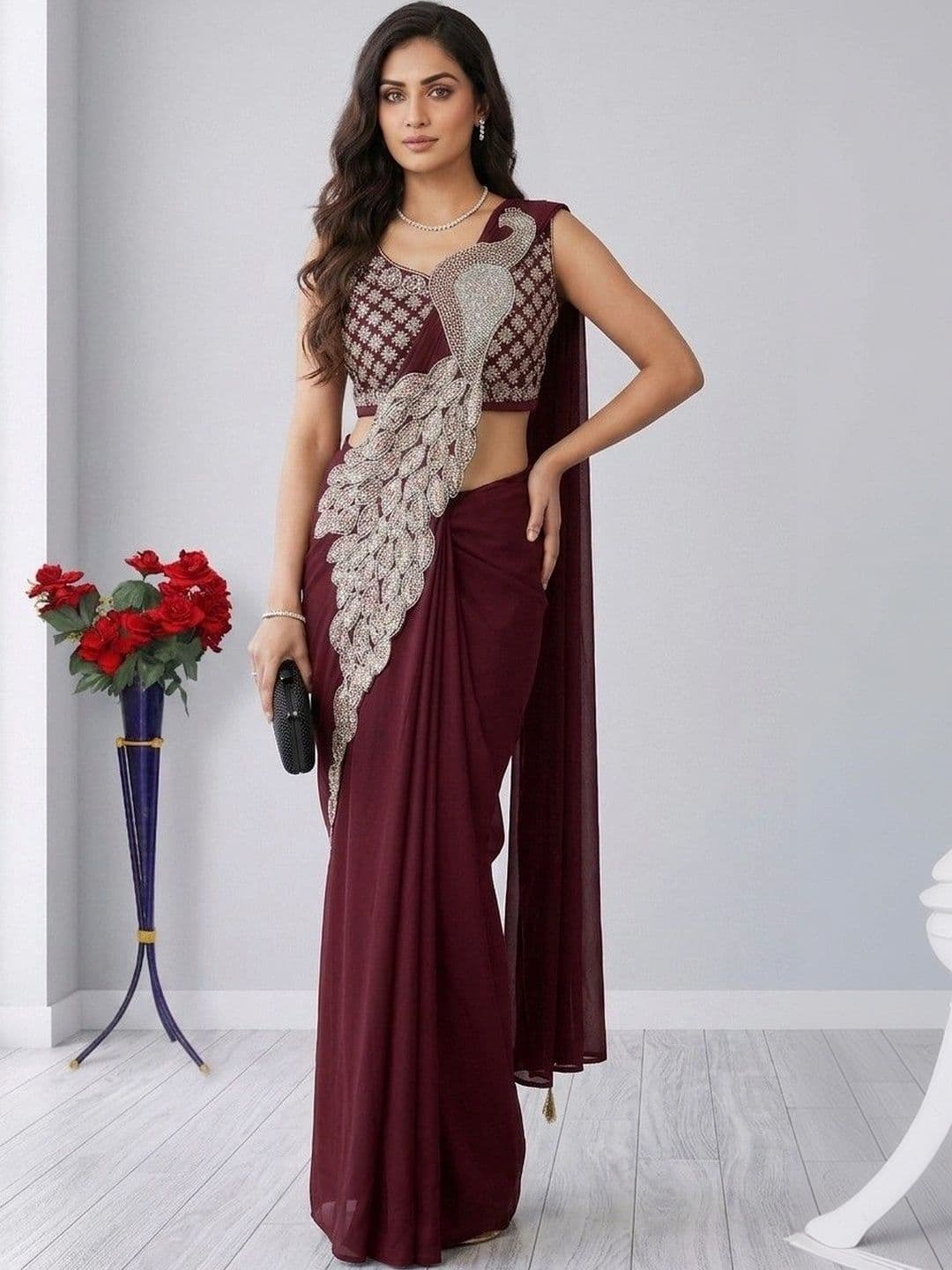 SmileyFashion Embellished Embroidered Pure Georgette Designer Saree thumbnail 2