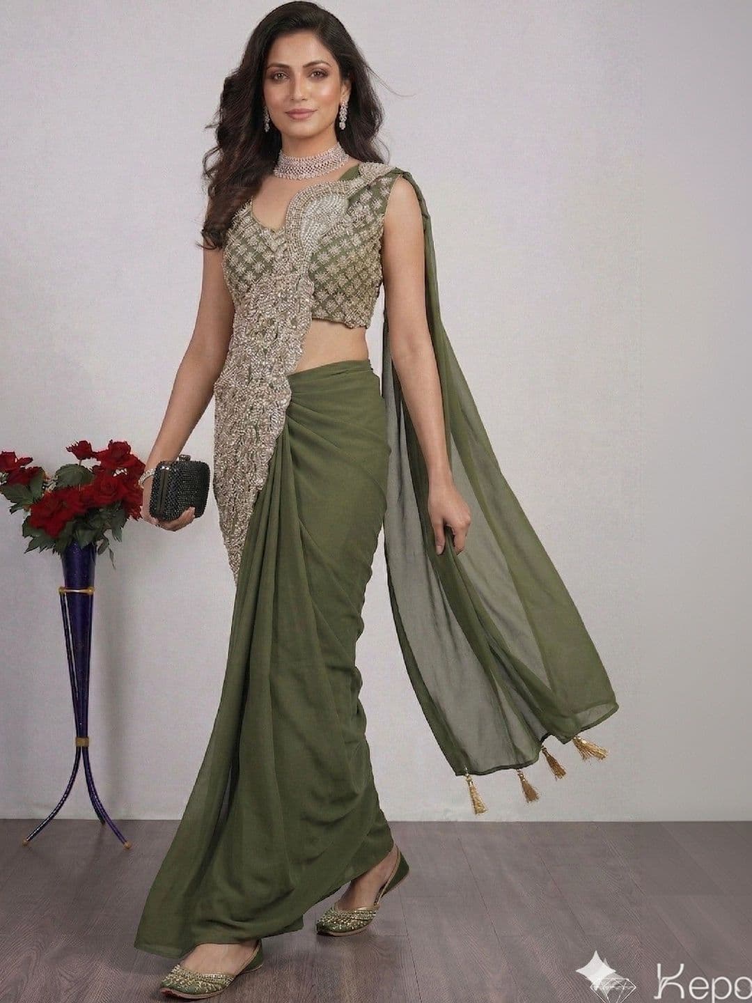 SmileyFashion Embellished Sequinned Pure Georgette Designer Saree thumbnail 3