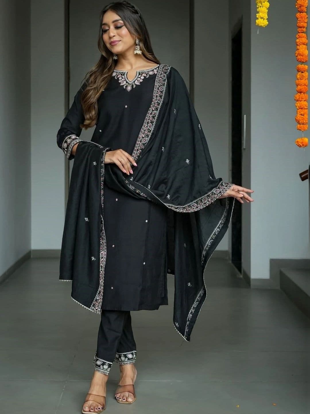 KALINI Women Ethnic Motifs  Regular Thread Work Kurta with Trousers & With Dupatta thumbnail 4