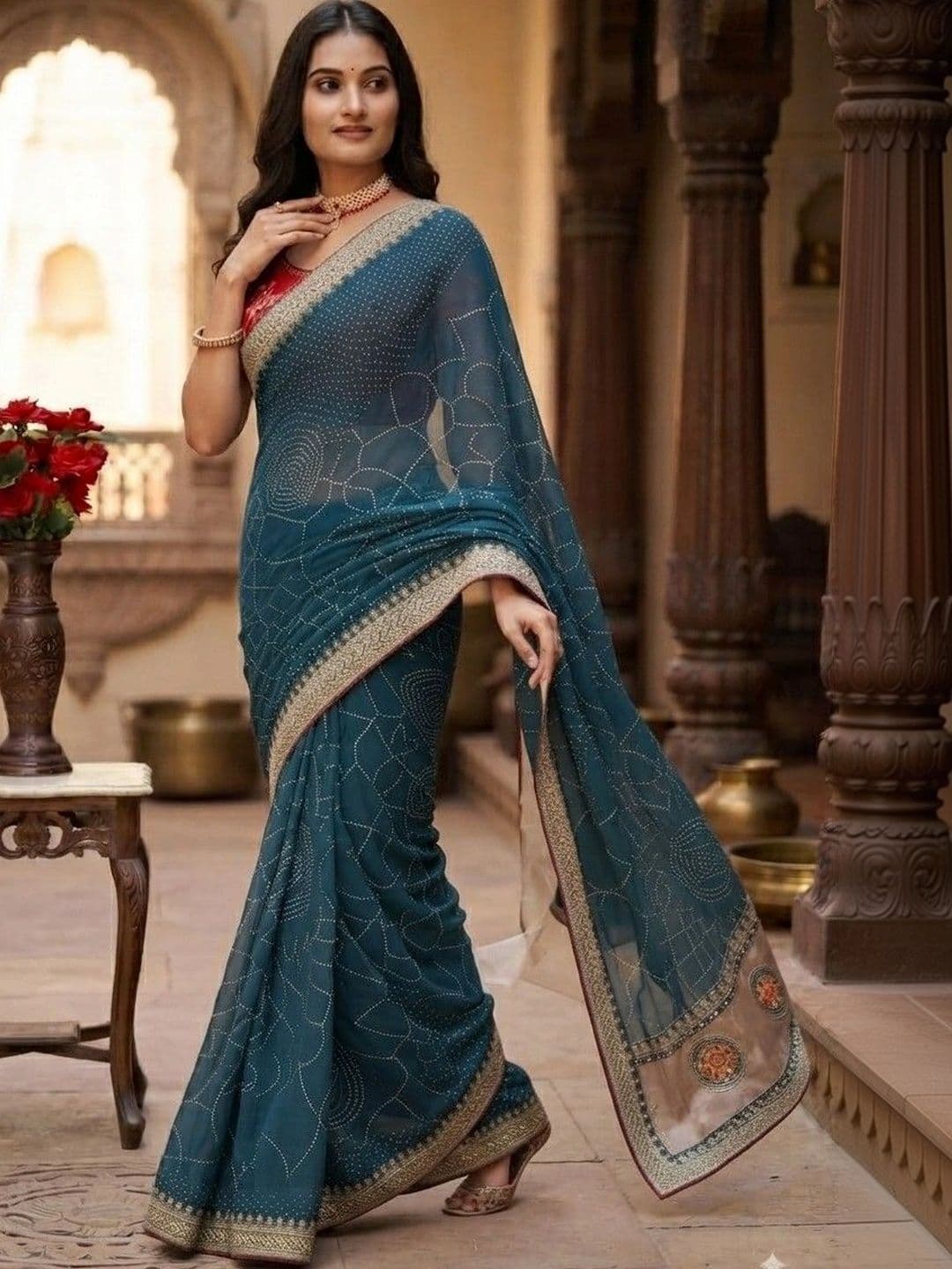 SmileyFashion Bandhani Embroidered Art Silk Designer Saree thumbnail 4
