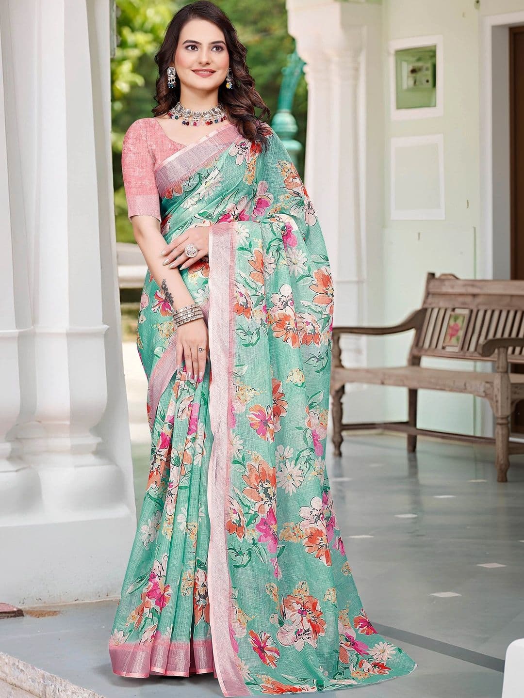 MANVAA Women's Sea Green Cotton Linen Saree - view 1