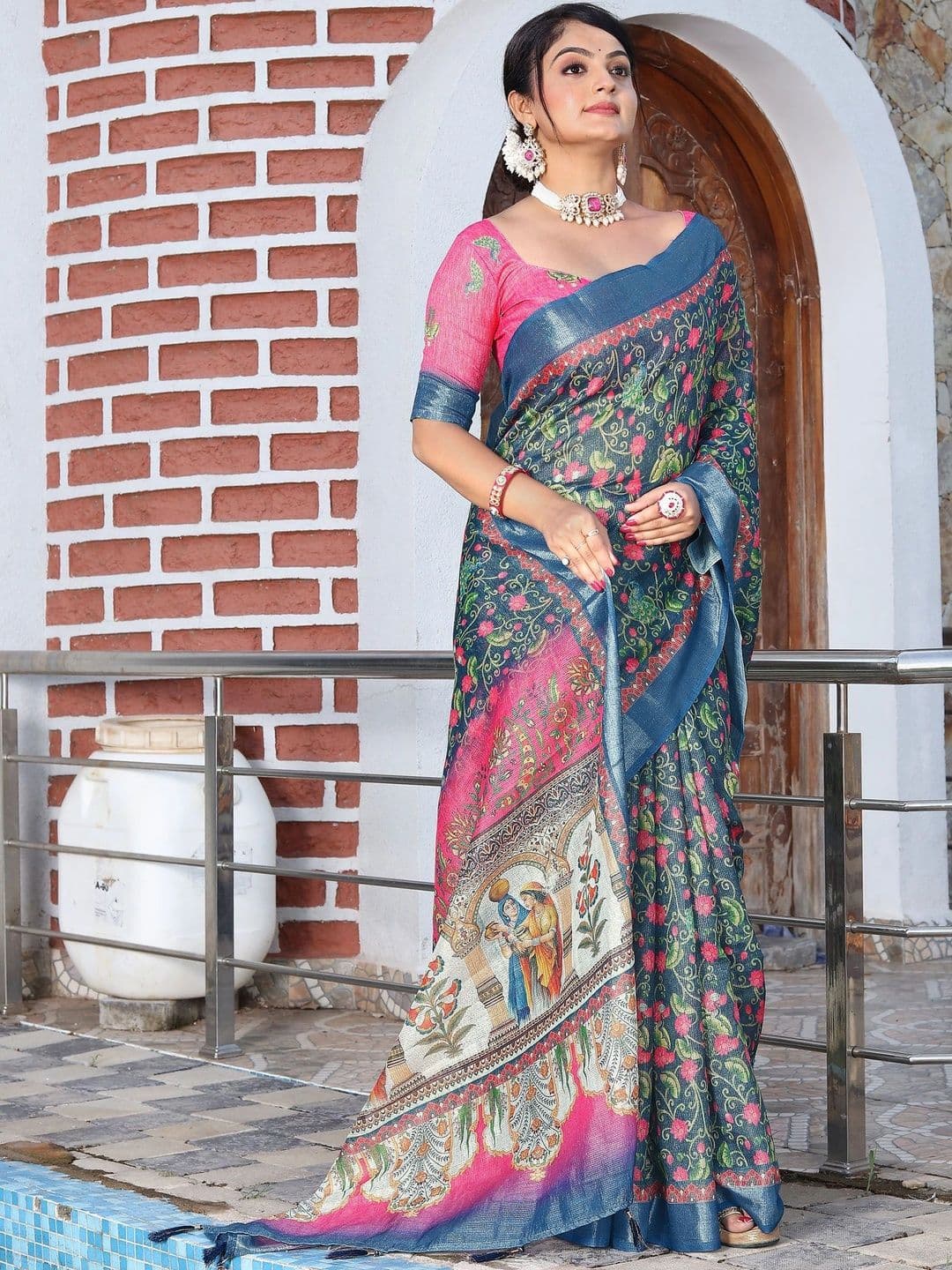 HERE&NOW Women Floral Silk Cotton Handloom Saree thumbnail 4