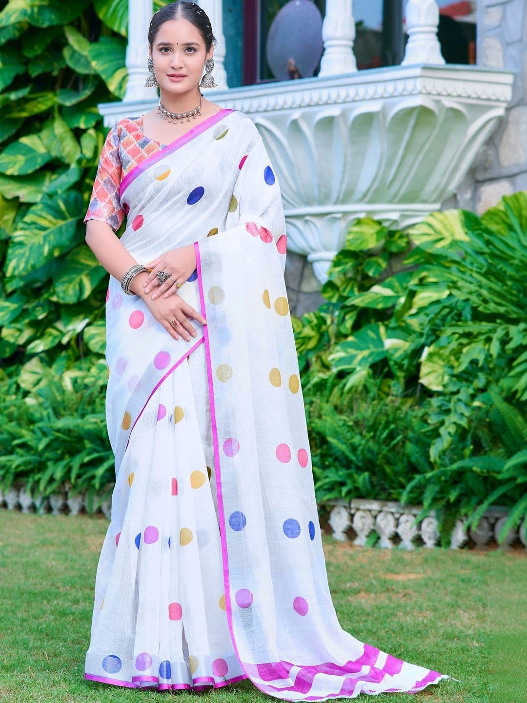 MANVAA Women Polka Dot Printed Saree with Blouse Piece - view 1