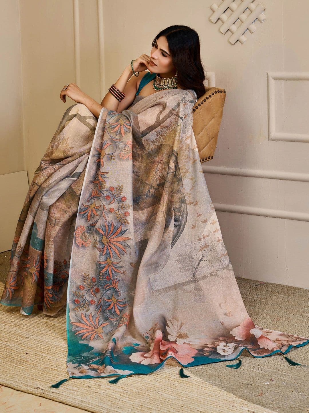 HERE&NOW Floral Silk Cotton Handloom Saree thumbnail 4