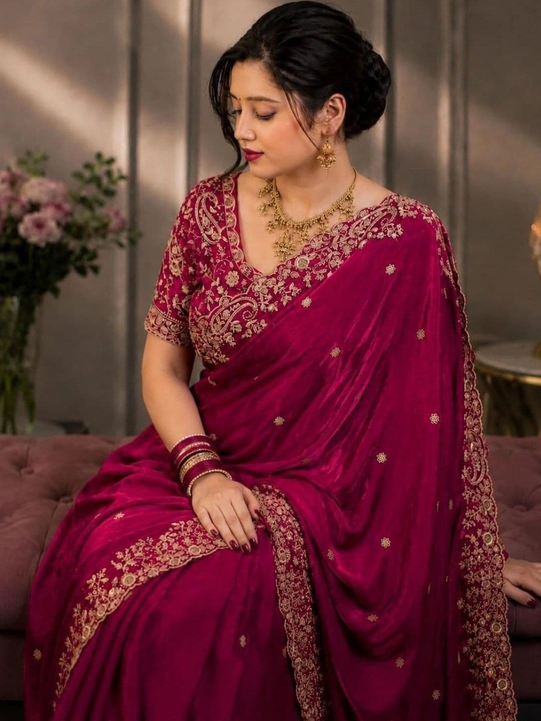DHARMEE Ethnic Motifs Embroidered Satin Heavy Work Maheshwari Saree thumbnail 2