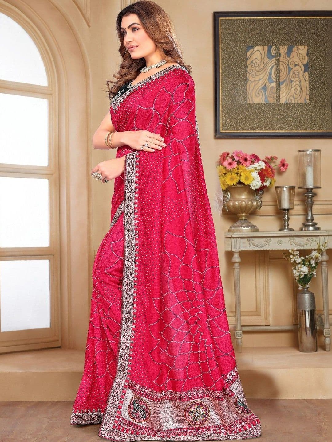 SmileyFashion Embellished Embroidered Art Silk Designer Saree thumbnail 4