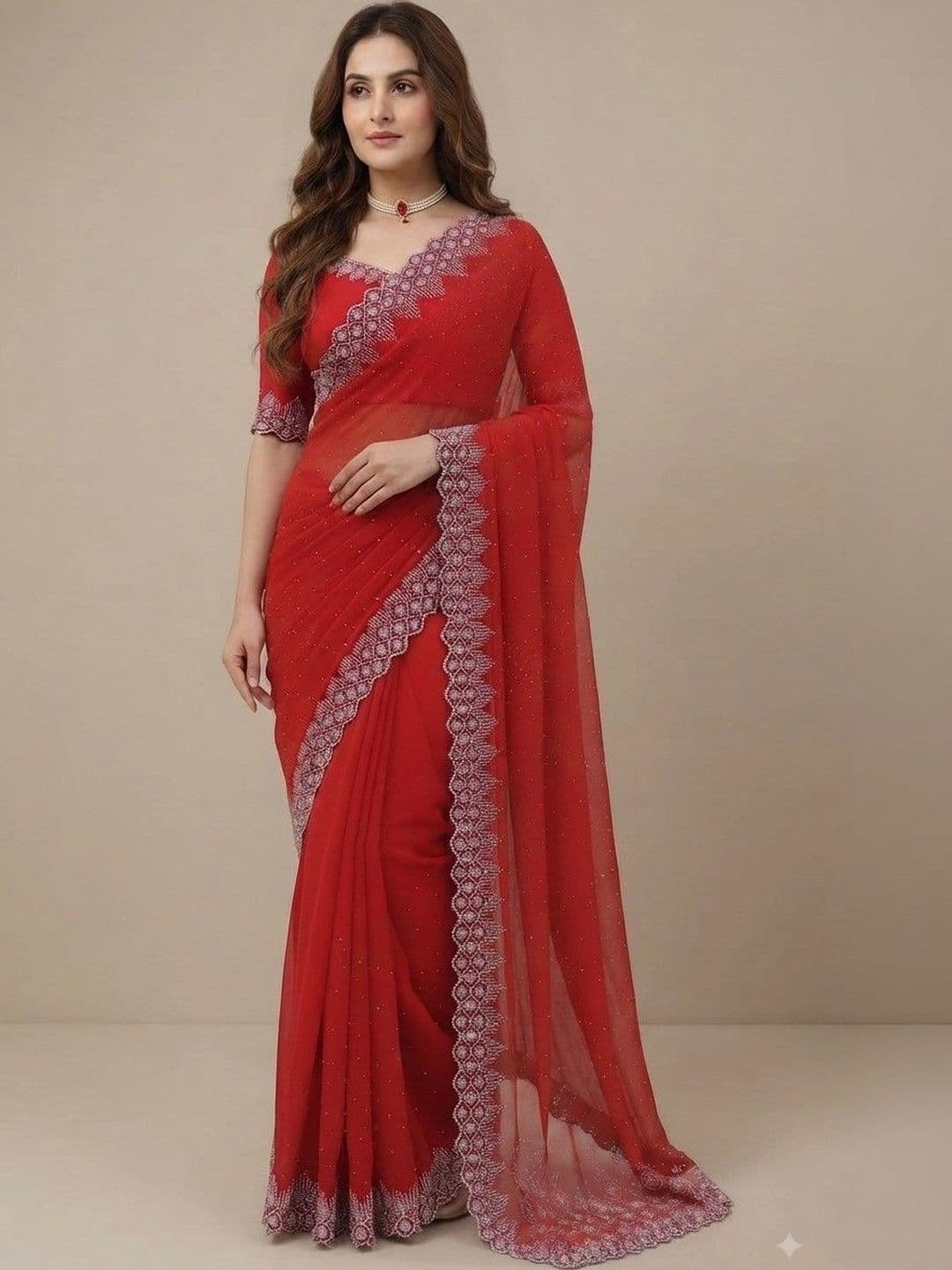 SmileyFashion Embroidered Pure Georgette Saree thumbnail 3