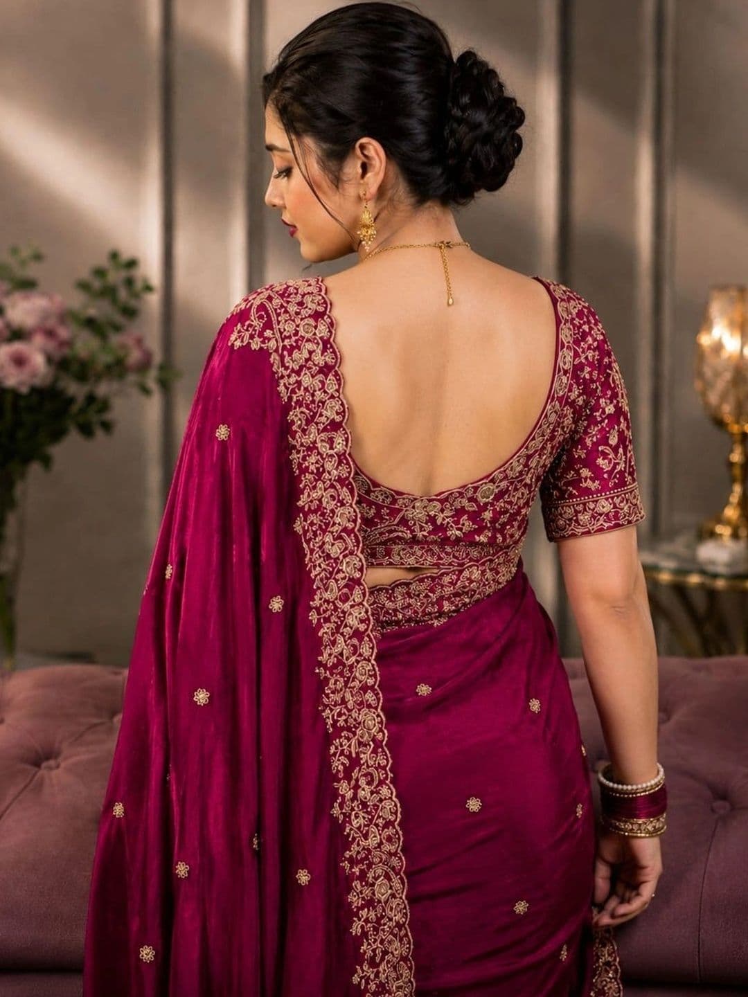 DHARMEE Ethnic Motifs Embroidered Satin Heavy Work Maheshwari Saree thumbnail 5