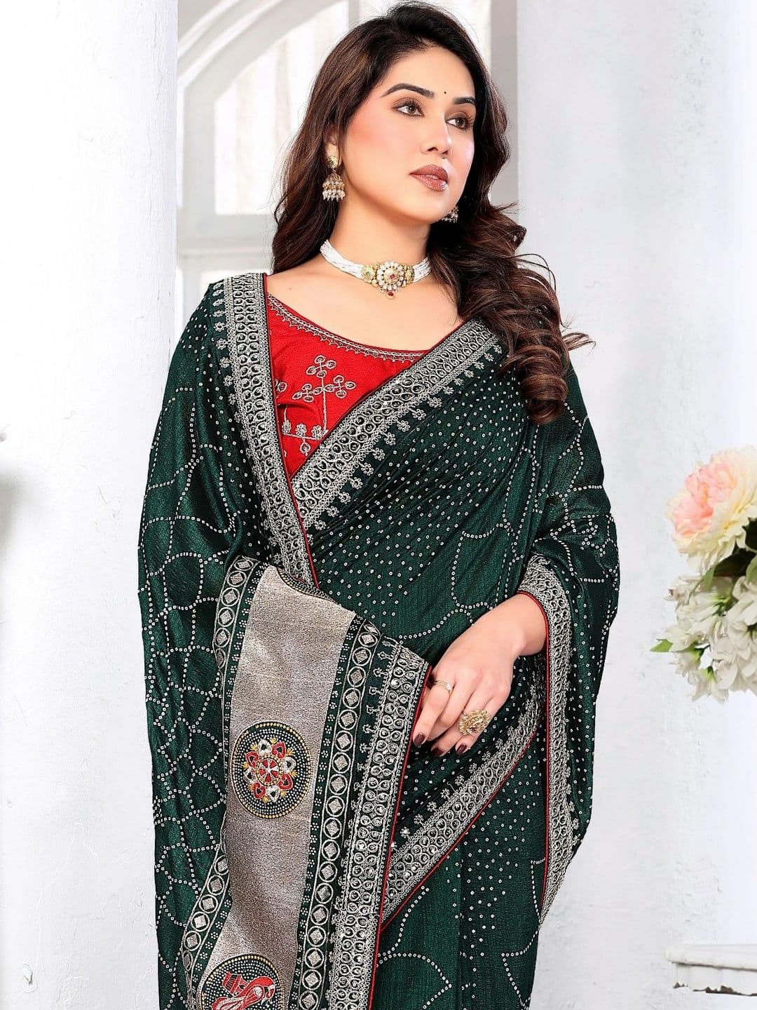SmileyFashion Bandhani Embroidered Art Silk Designer Saree thumbnail 4