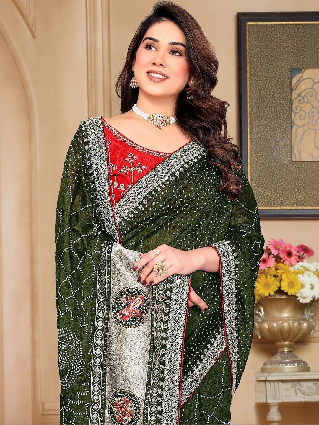 SmileyFashion Bandhani Embroidered Art Silk Designer Saree - view 1