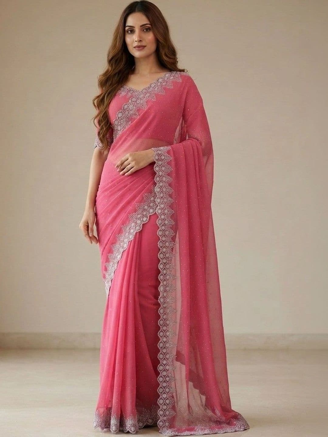 SmileyFashion Embroidered Pure Georgette Saree thumbnail 2