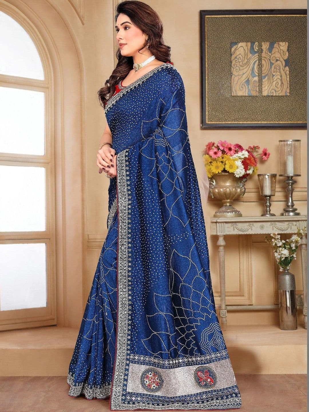 SmileyFashion Bandhani Embroidered Art Silk Designer Saree thumbnail 5