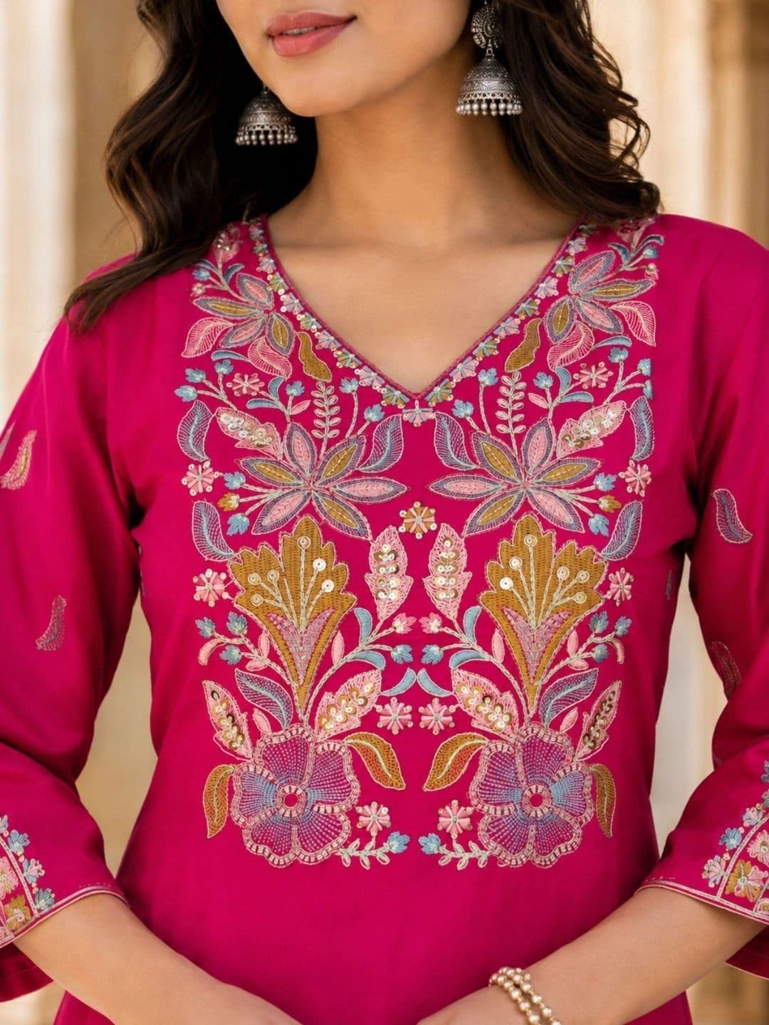 HERE&NOW X fwd Women Ethnic Regular Sequinned Pure Silk Kurta with Palazzos & With Dupatta thumbnail 2