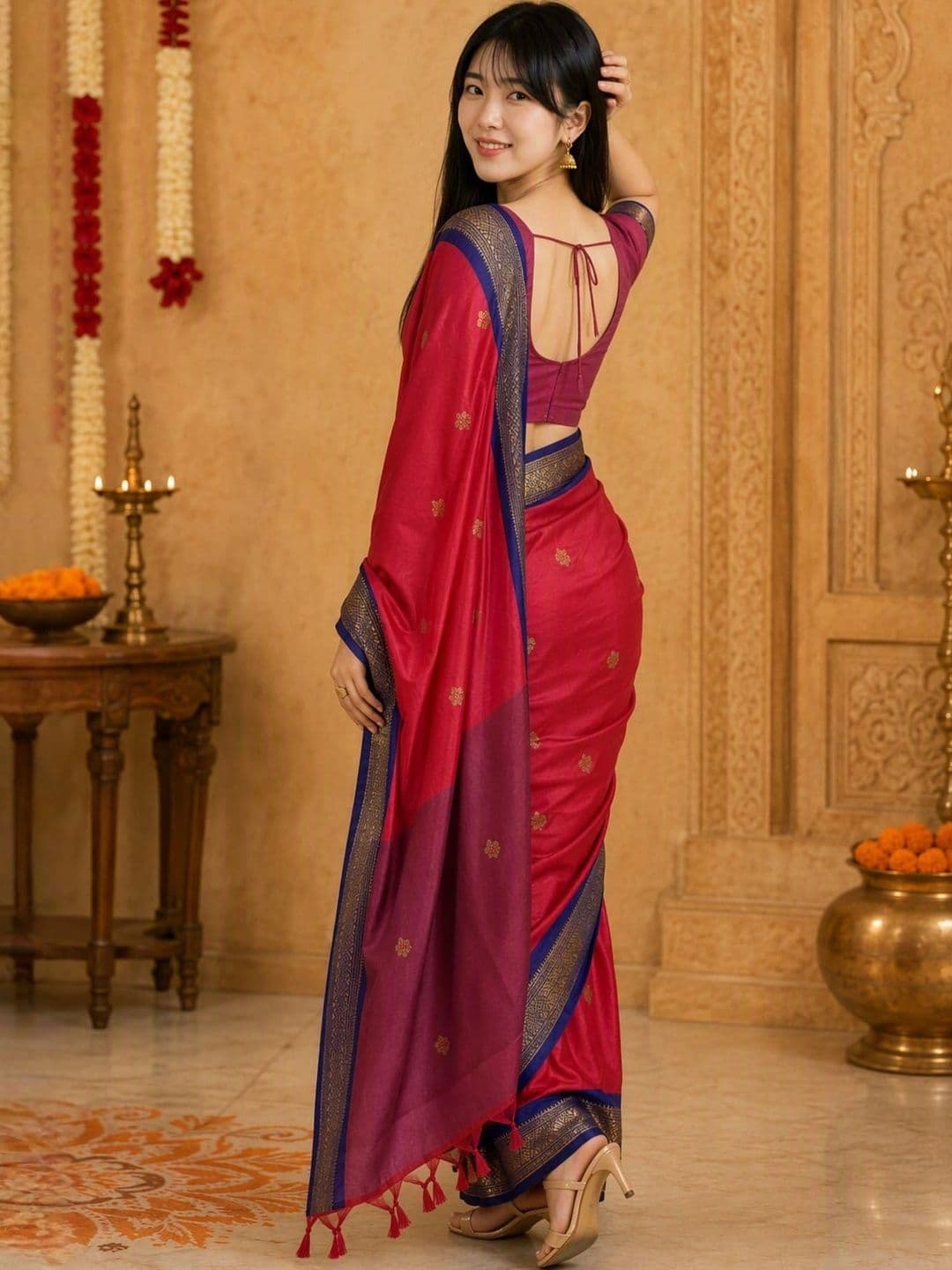 Sangria Women Cotton Woven Design Zari Kanjeevaram Saree thumbnail 2