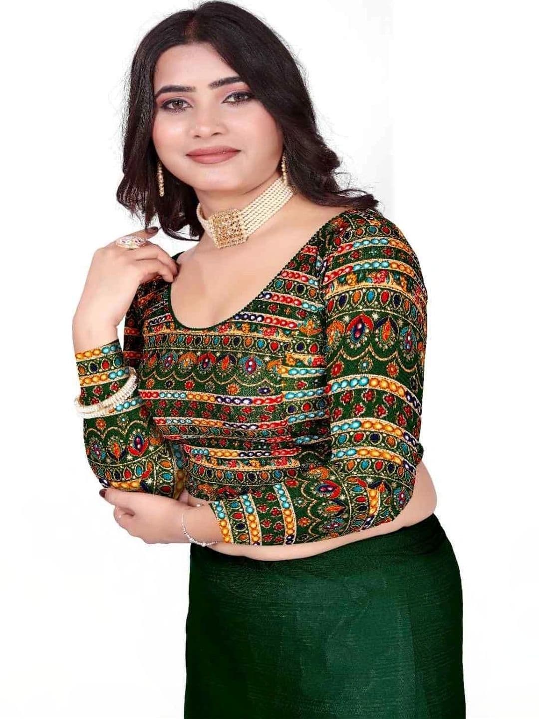 MPRAVEEN Women Pack of 2 Cotton Embellished Mirror Work Saree Blouse thumbnail 3