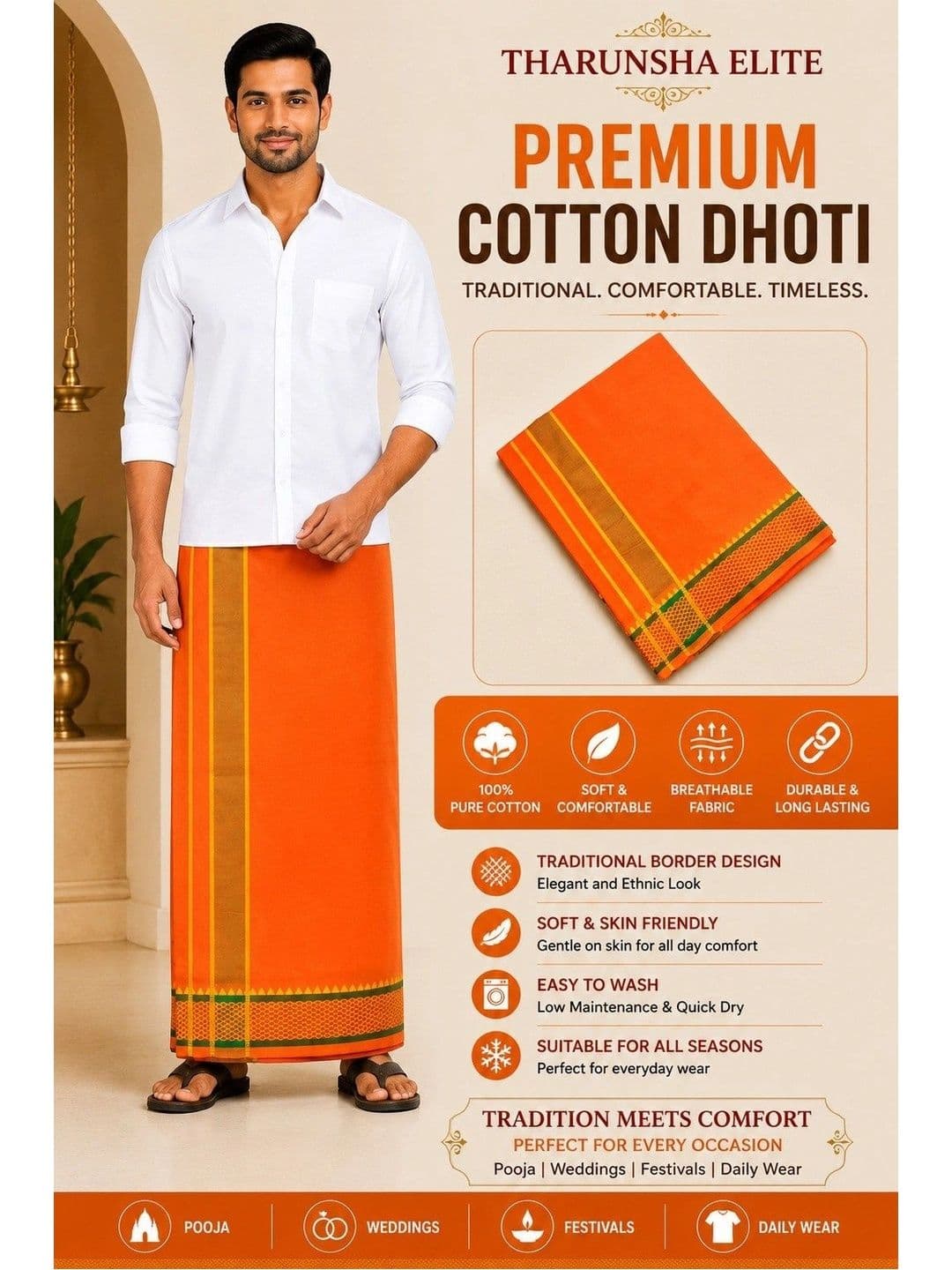 Tharunsha Elite Men Pack of 2 Striped Cotton Dhoti Dhotis thumbnail 2