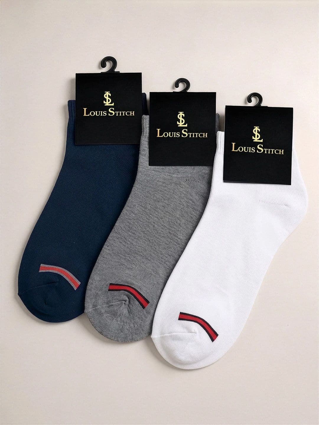 LOUIS STITCH Men Pack of 3 Cotton Assorted Colourblocked Ankle Length Socks thumbnail 2