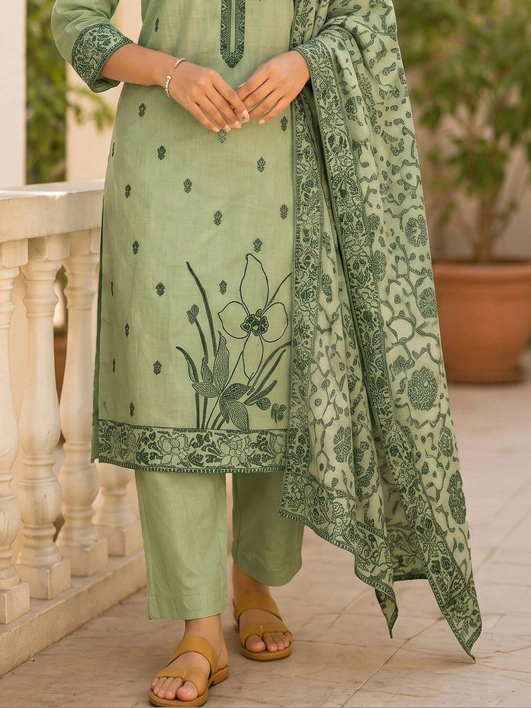 SKYLEE Women Ethnic Motifs Printed Regular Pure Cotton Kurta with Trousers & With Dupatta thumbnail 6