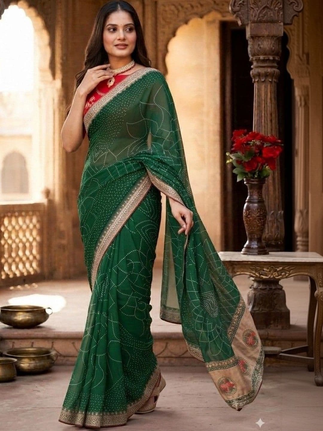 SmileyFashion Bandhani Embroidered Art Silk Designer Saree thumbnail 4