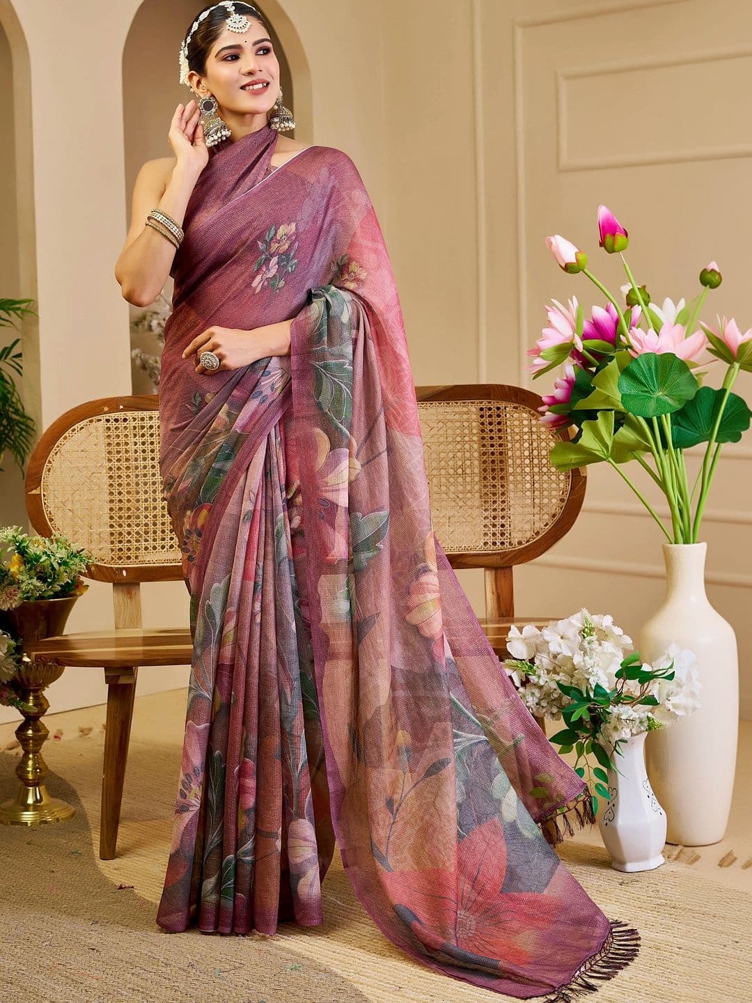 Maroosh Floral Silk Cotton Handloom Saree - view 1