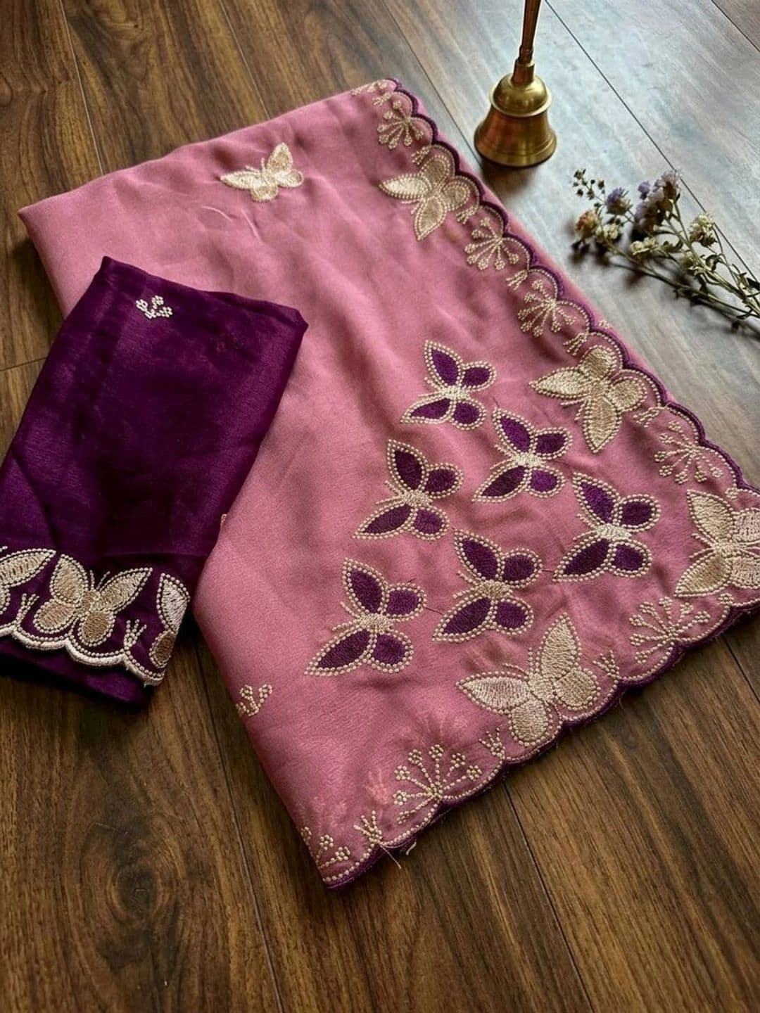 Drapes & Threads Co. Floral Embroidered Pure Georgette Designer Saree thumbnail 3