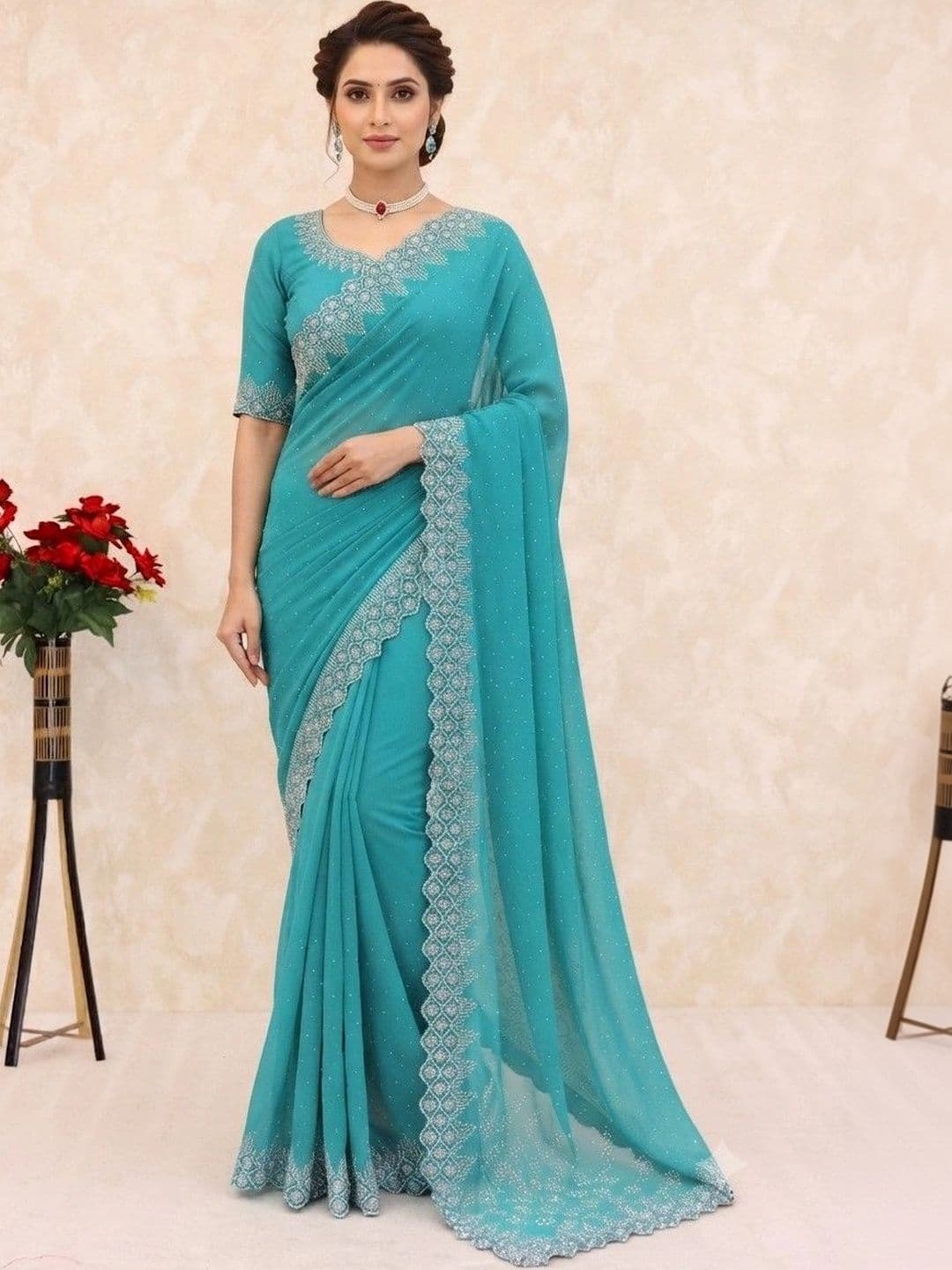 SmileyFashion Embellished Pure Georgette Saree - view 1