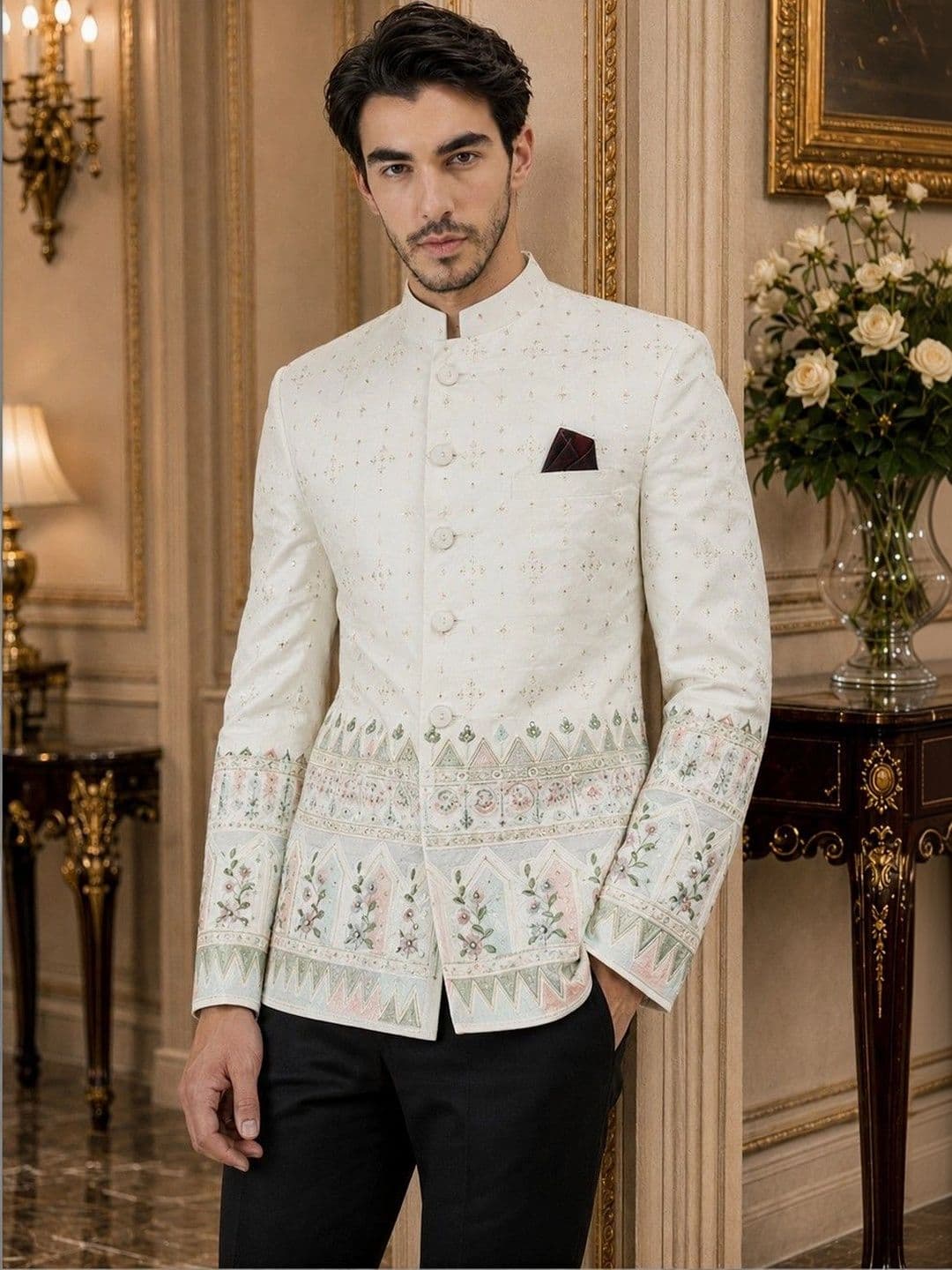 House of Pataudi Printed Mandarin Collar Jodhpuri Blazers thumbnail 4
