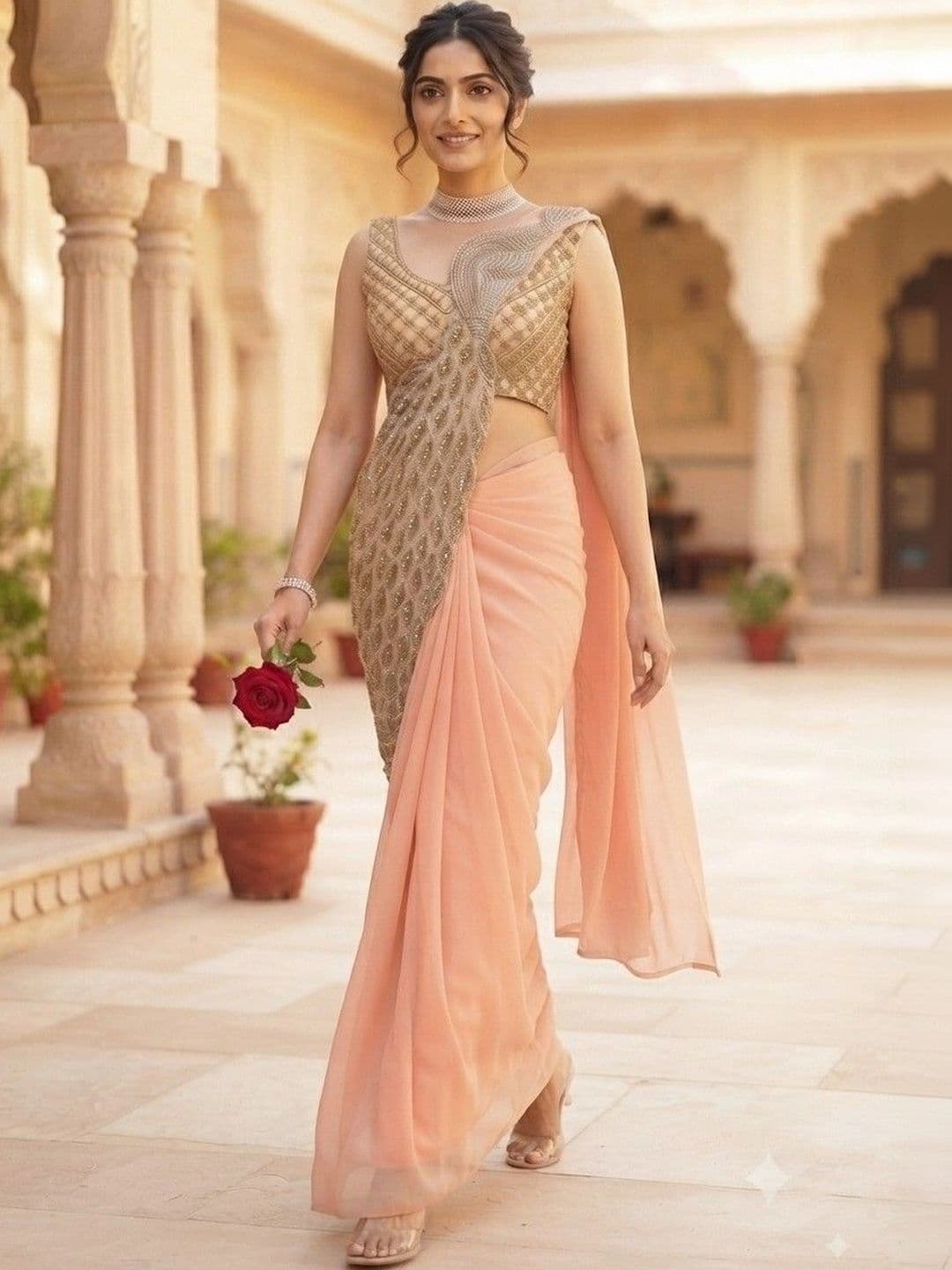 SmileyFashion Embellished Embroidered Pure Georgette Designer Saree thumbnail 2