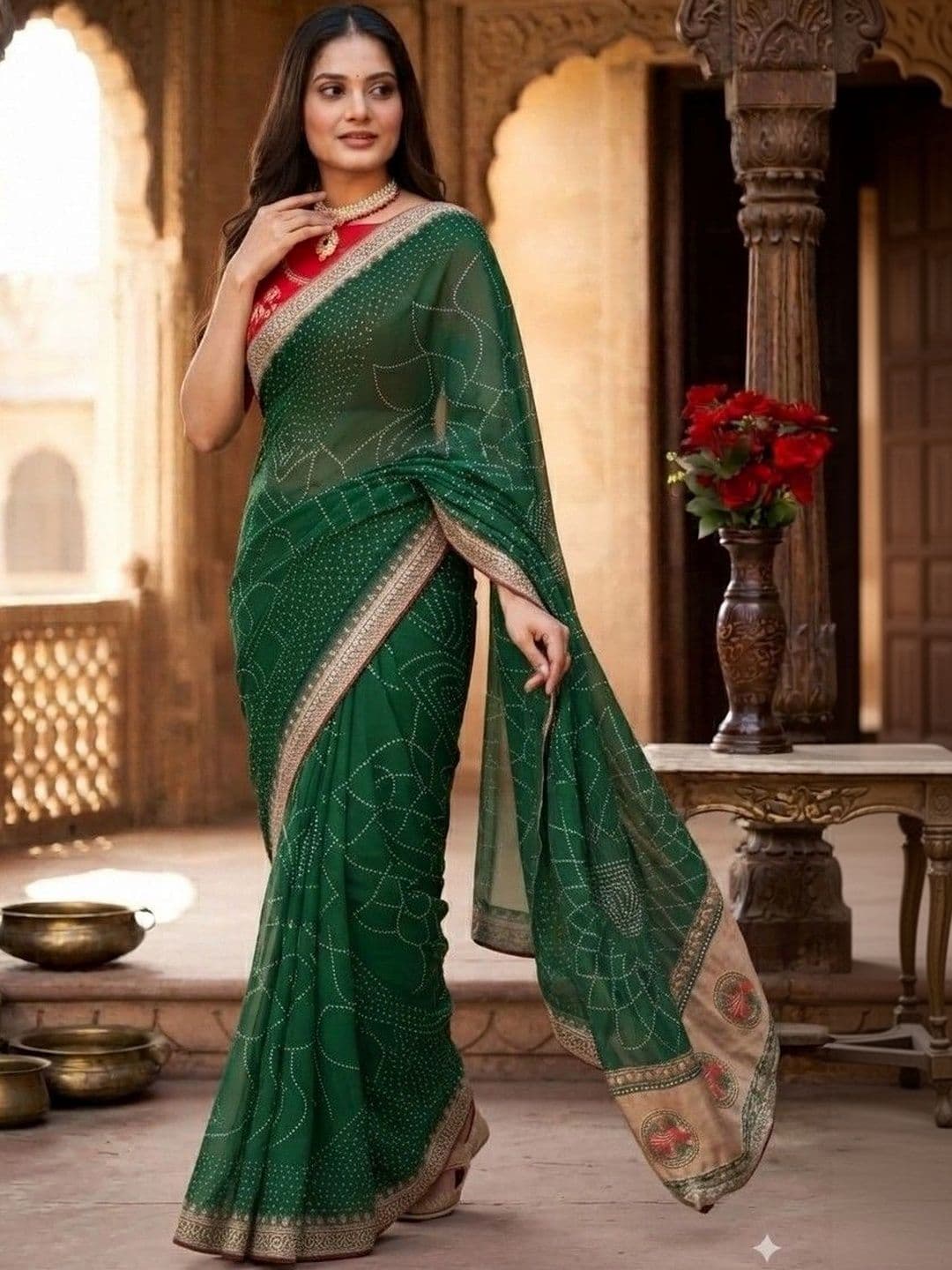 SmileyFashion Bandhani Embroidered Art Silk Designer Saree thumbnail 3
