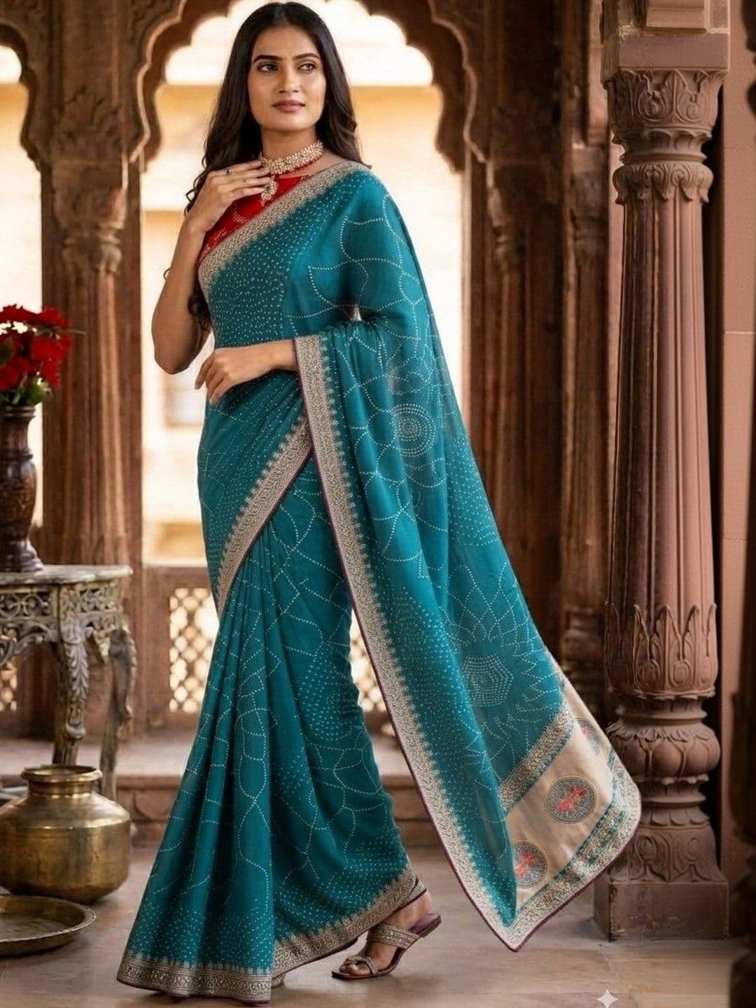 SmileyFashion Bandhani Embroidered Art Silk Designer Saree - view 1