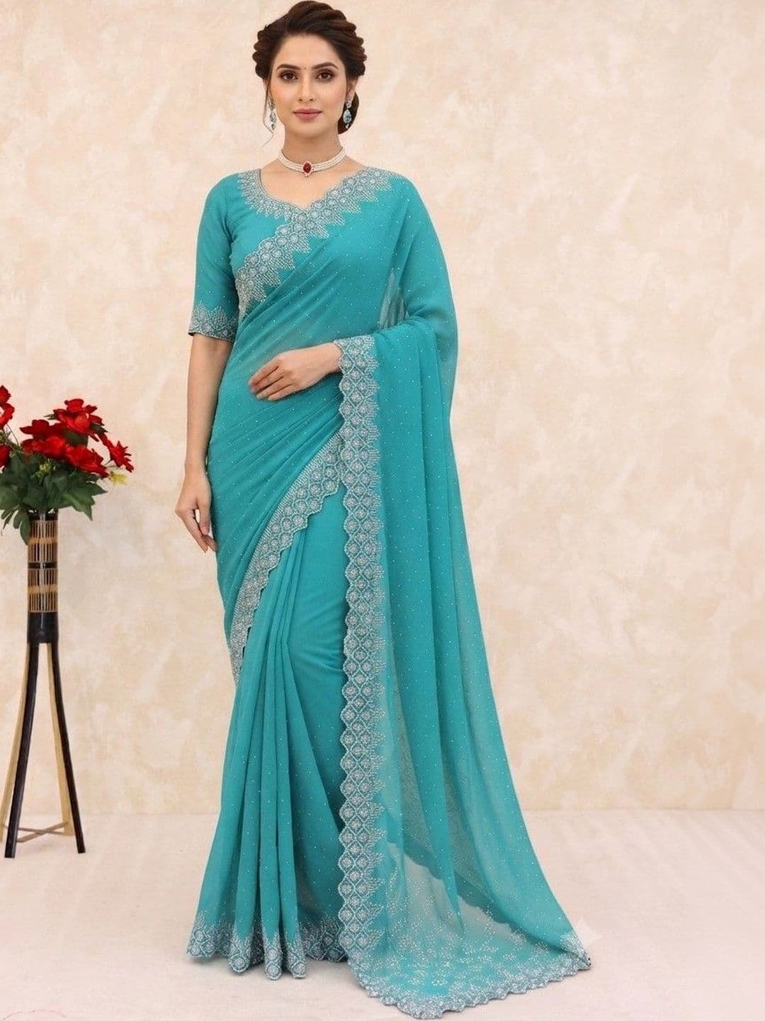 SmileyFashion Embellished Pure Georgette Saree - view 1