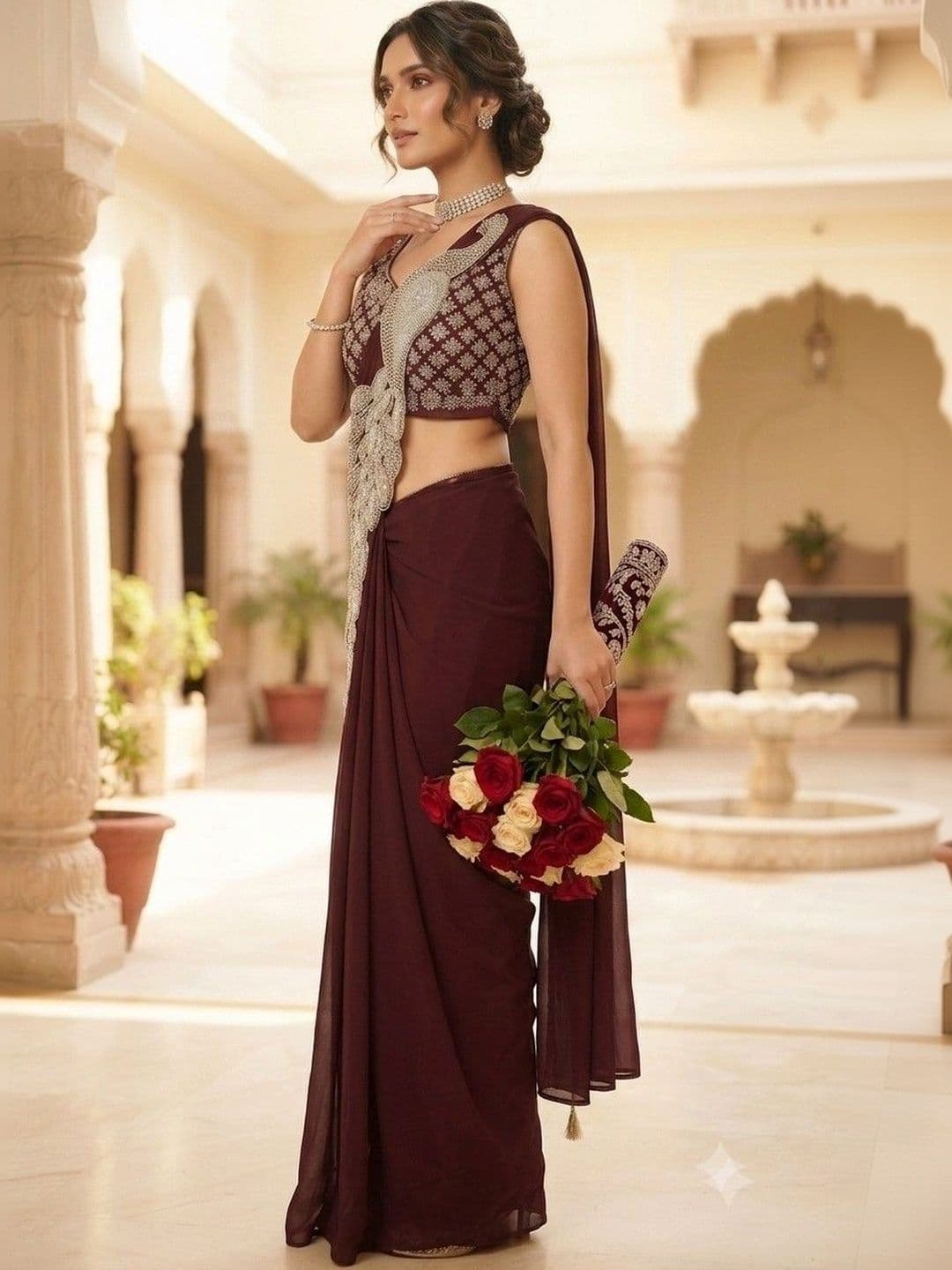 SmileyFashion Embellished Embroidered Pure Georgette Designer Saree thumbnail 2