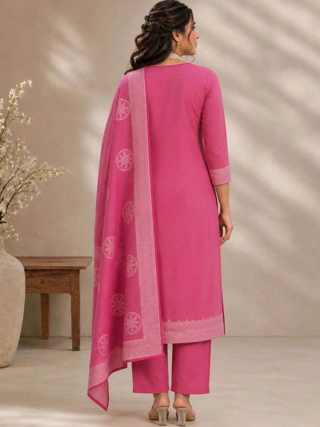 SAIYAMORI Women Ethnic Motifs Regular Pure Cotton Kurta with Trousers & With Dupatta thumbnail 2