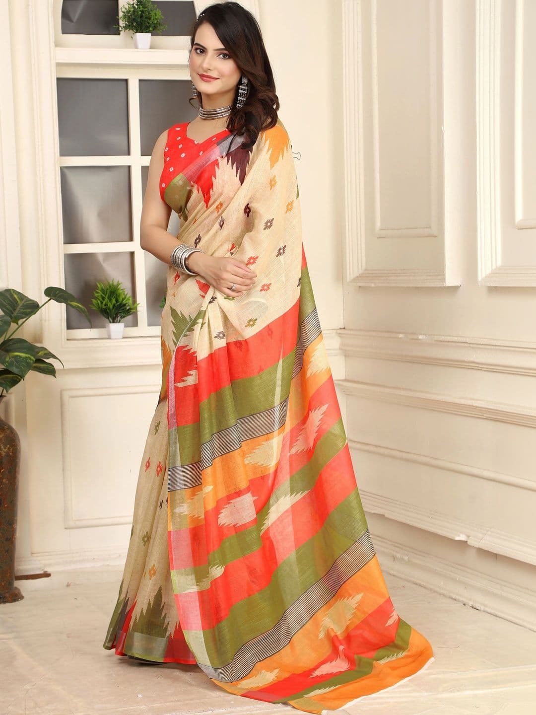 MANVAA Striped Cotton Linen Saree thumbnail 6
