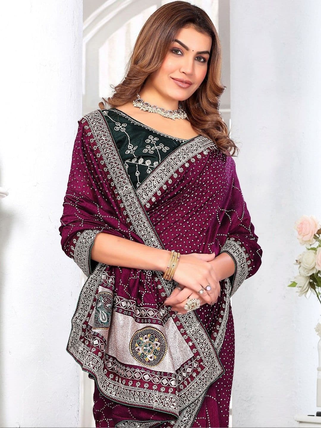 SmileyFashion Embellished Embroidered Art Silk Designer Saree thumbnail 2