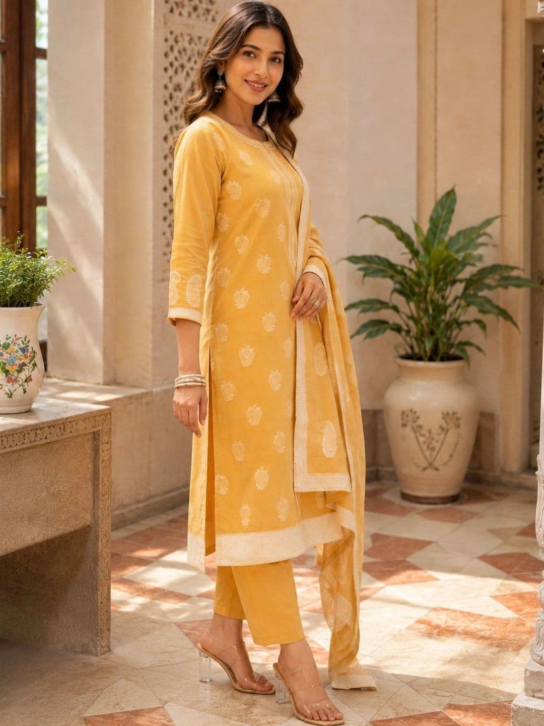 SAIYAMORI Women Ethnic Motifs Embroidered Regular Thread Work Pure Cotton Kurta with Trousers & With Dupatta thumbnail 5