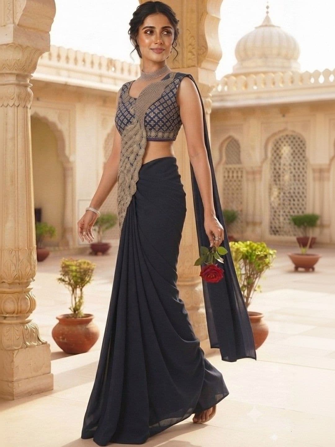 SmileyFashion Embellished Embroidered Pure Georgette Designer Saree thumbnail 4