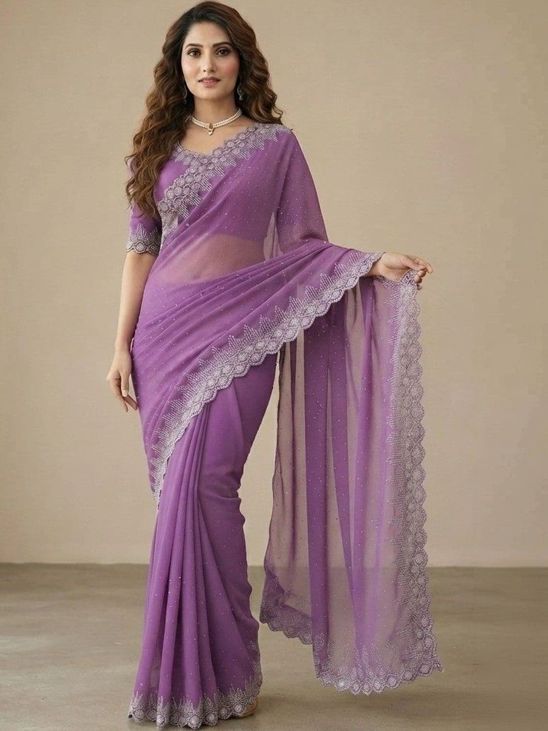 SmileyFashion Embroidered Pure Georgette Saree thumbnail 2