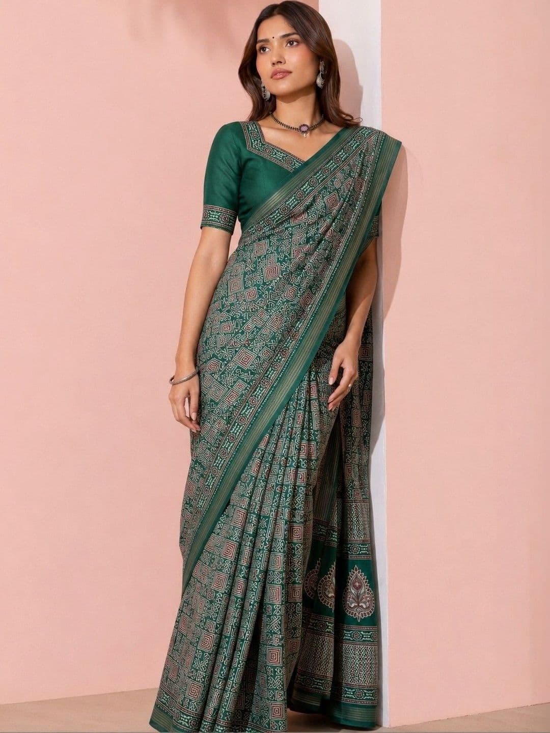 AARYAN SAREES Green Ajrakh Women Saree thumbnail 3